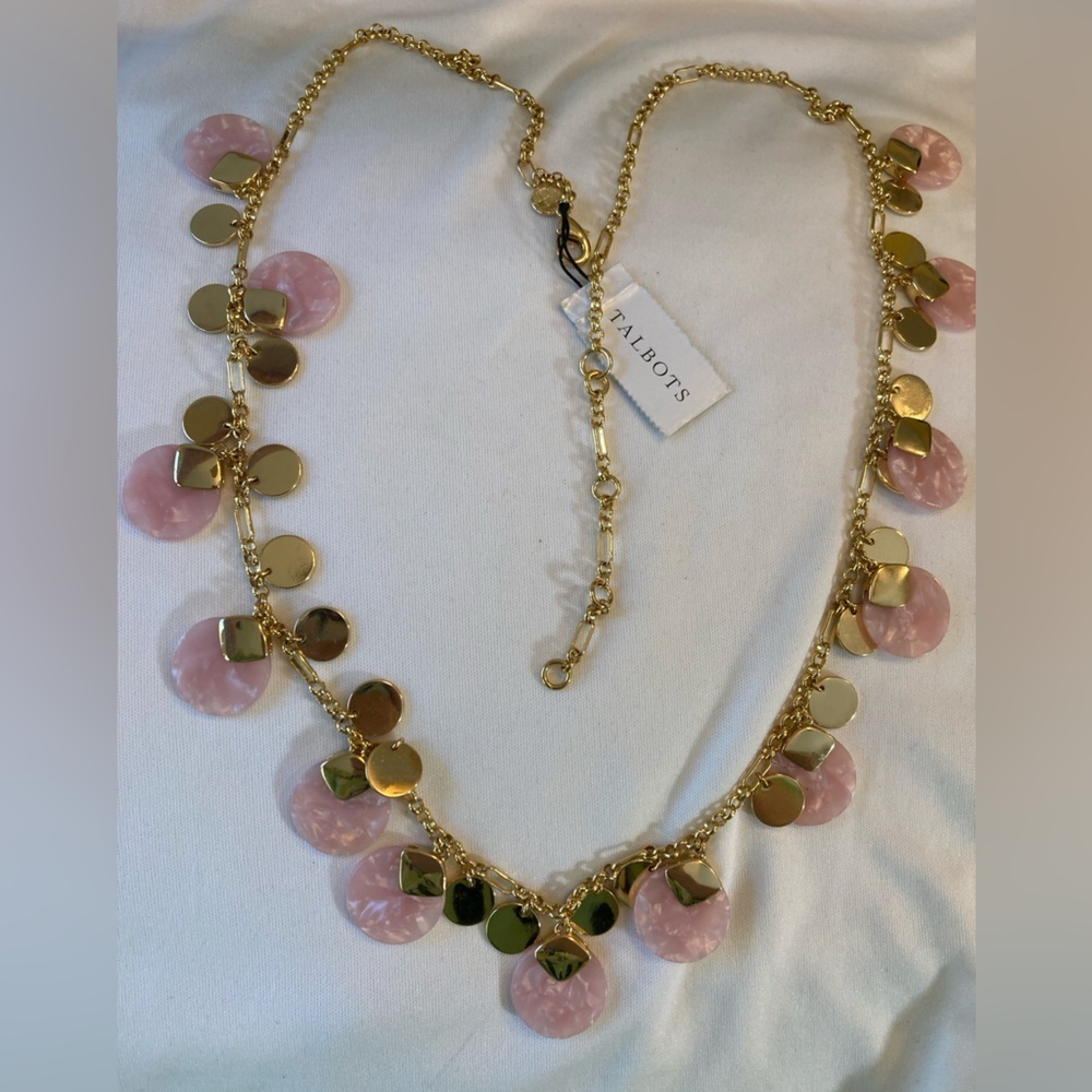Talbots Pink and Gold Tone Dangle Chandelier 30” Long Necklace New